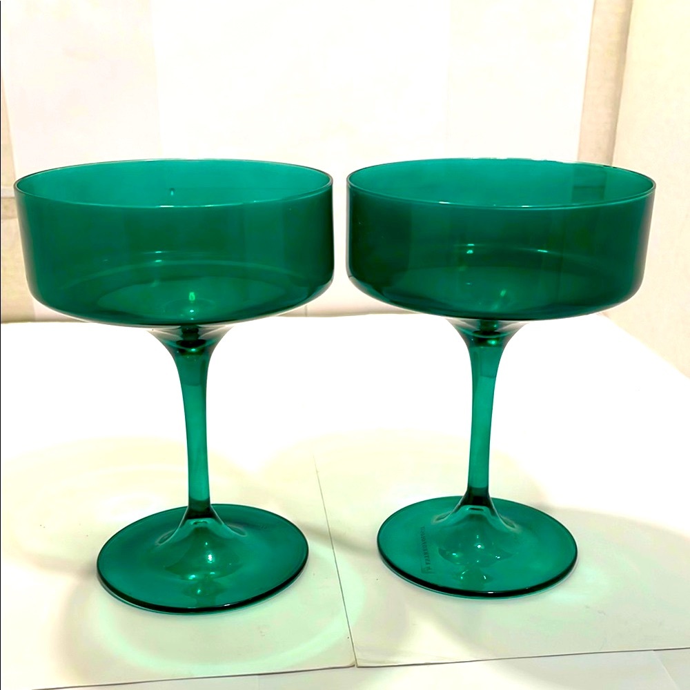Anthropologie  Hand Blown Green Morgan Champagne Coupe Glassware